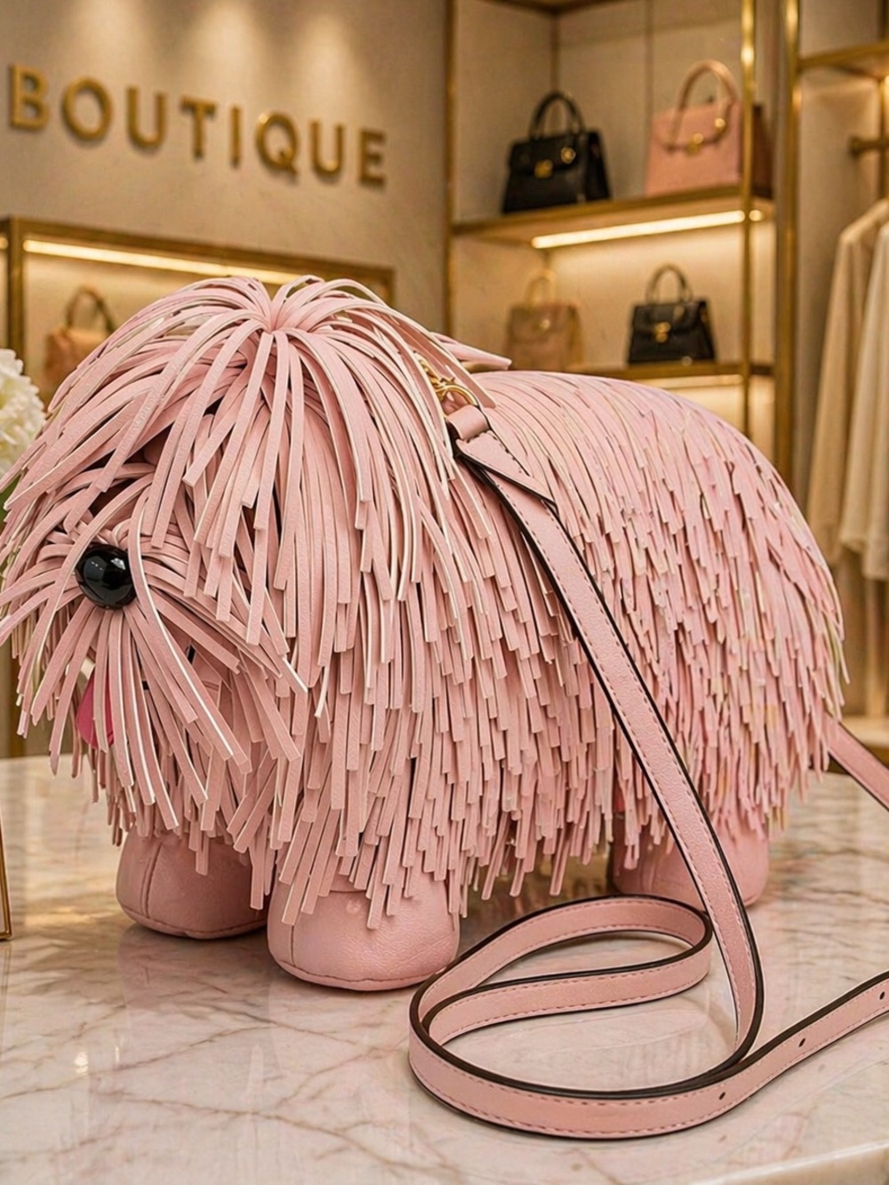 Pink Fringe Novelty Crossbody Shaggy Dog Bag